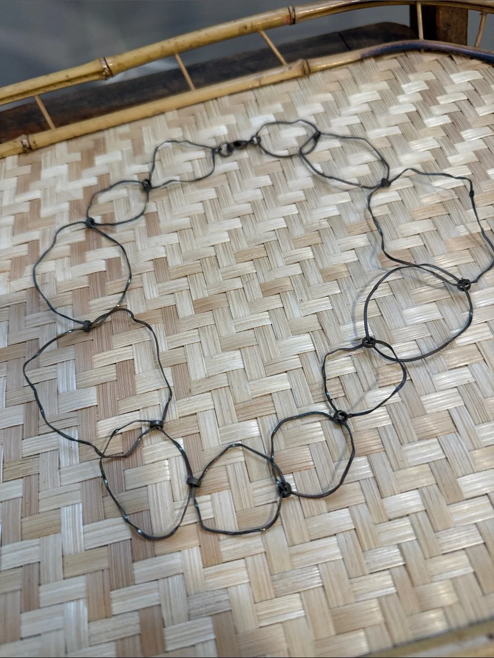 Artisan Style Oxidized Metal Geometric Link Necklace Long Statement Minimalist